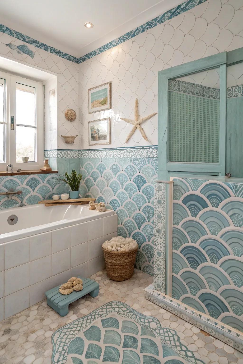 Tiles inspired by the ocean add subtle elegance and coastal flair.