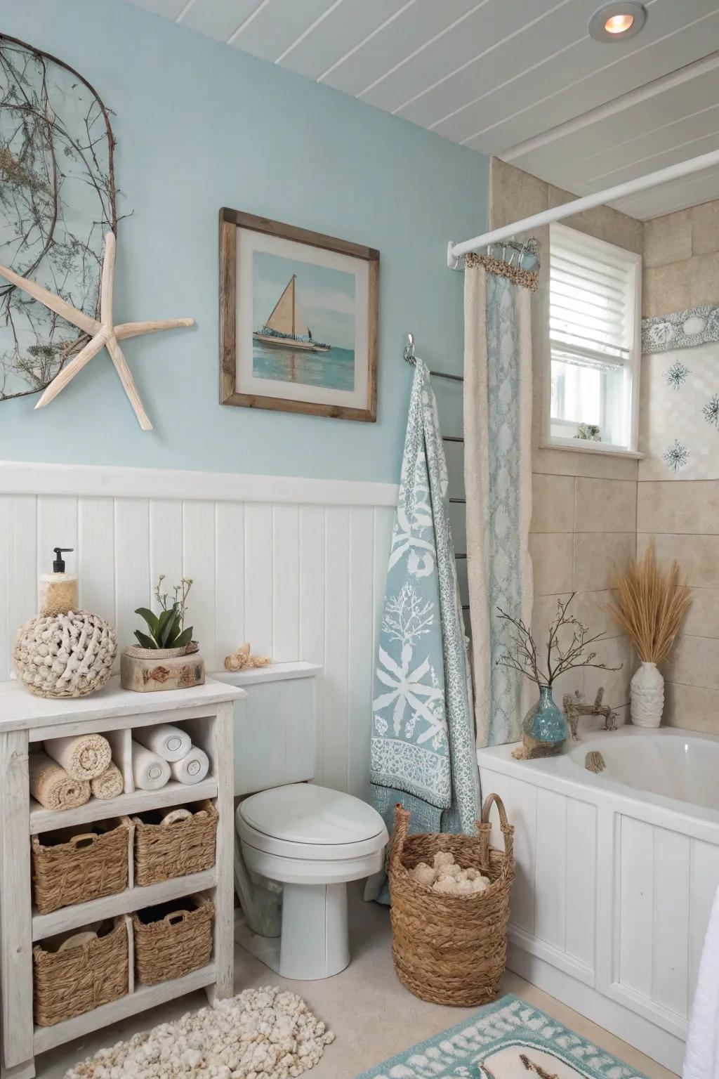 Soft hues inspired by the sea create a peaceful coastal vibe.