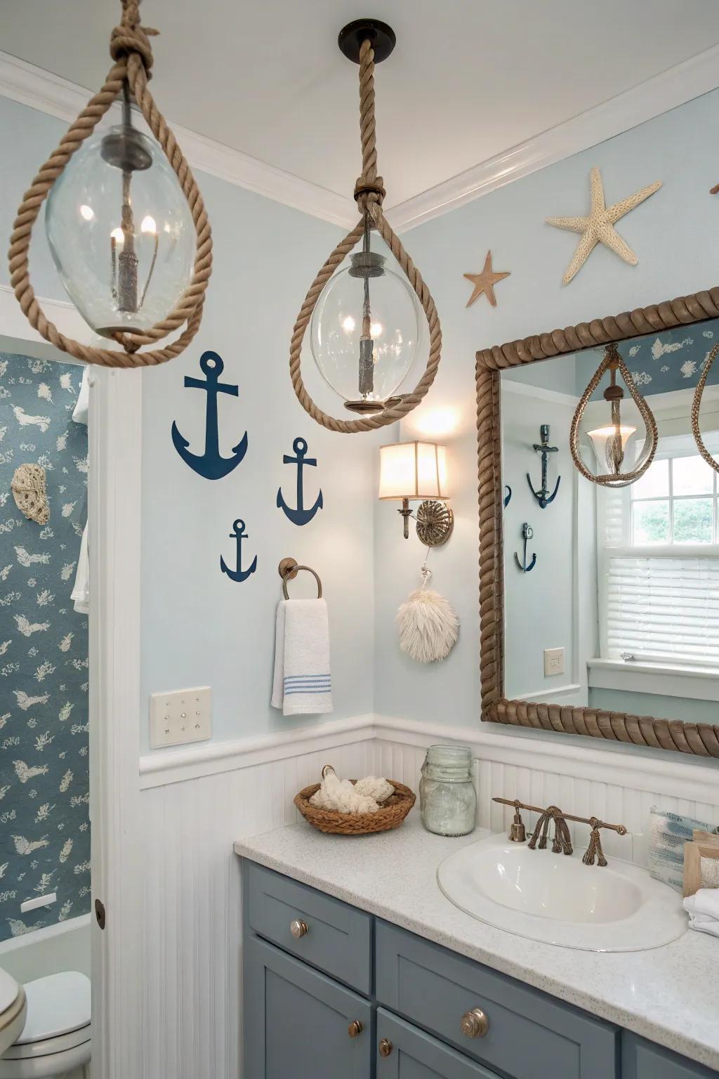 Nautical lighting fixtures create a warm and inviting coastal atmosphere.