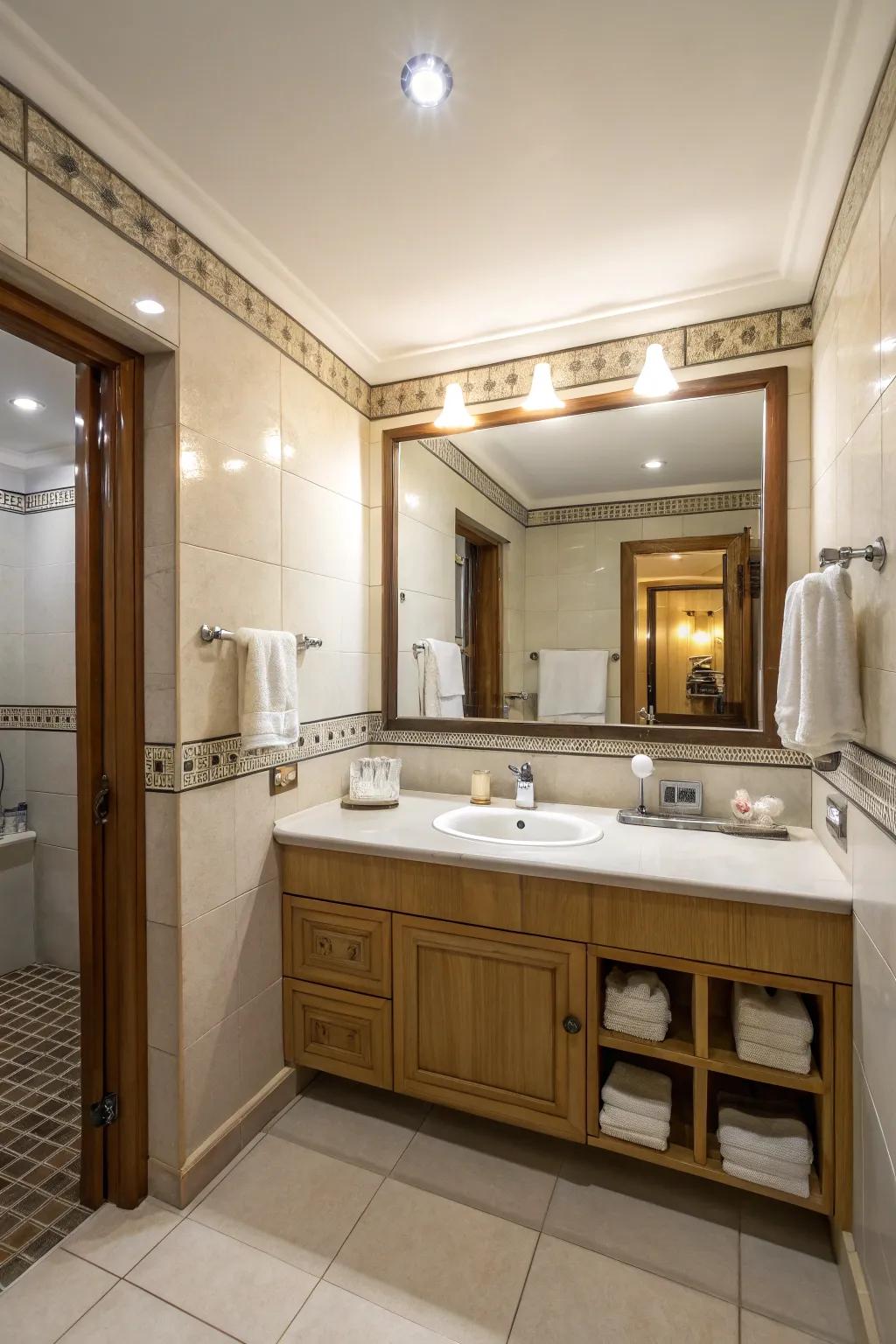 Large mirror amplifies the sense of space in a small bathroom.