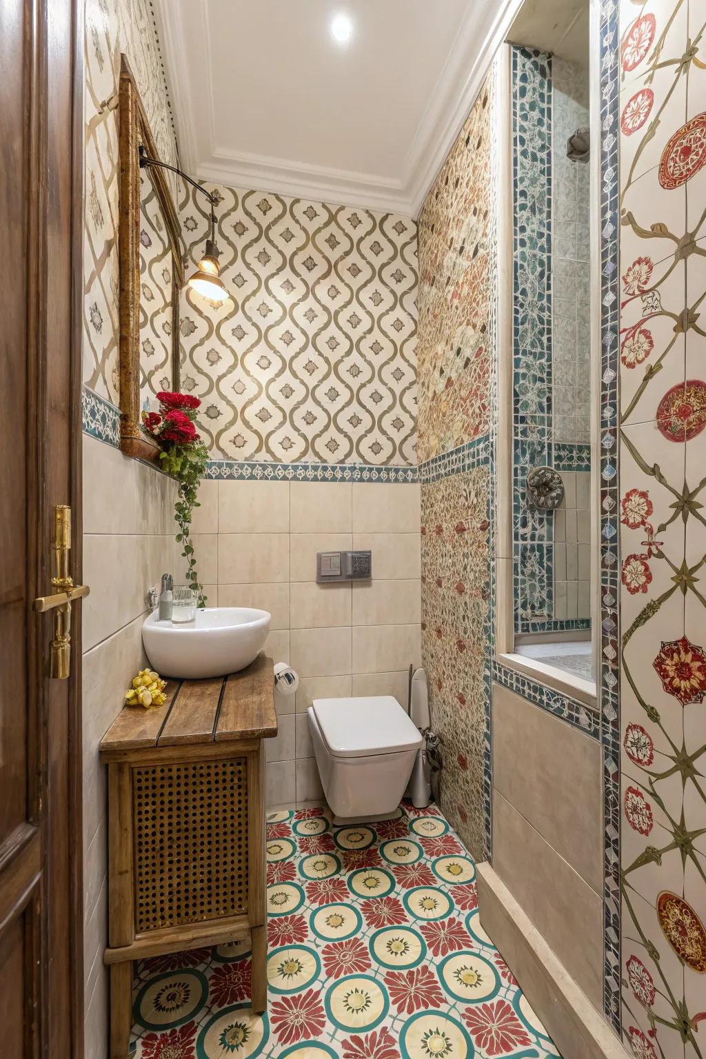 Patterned wallpaper energizes a compact bathroom.
