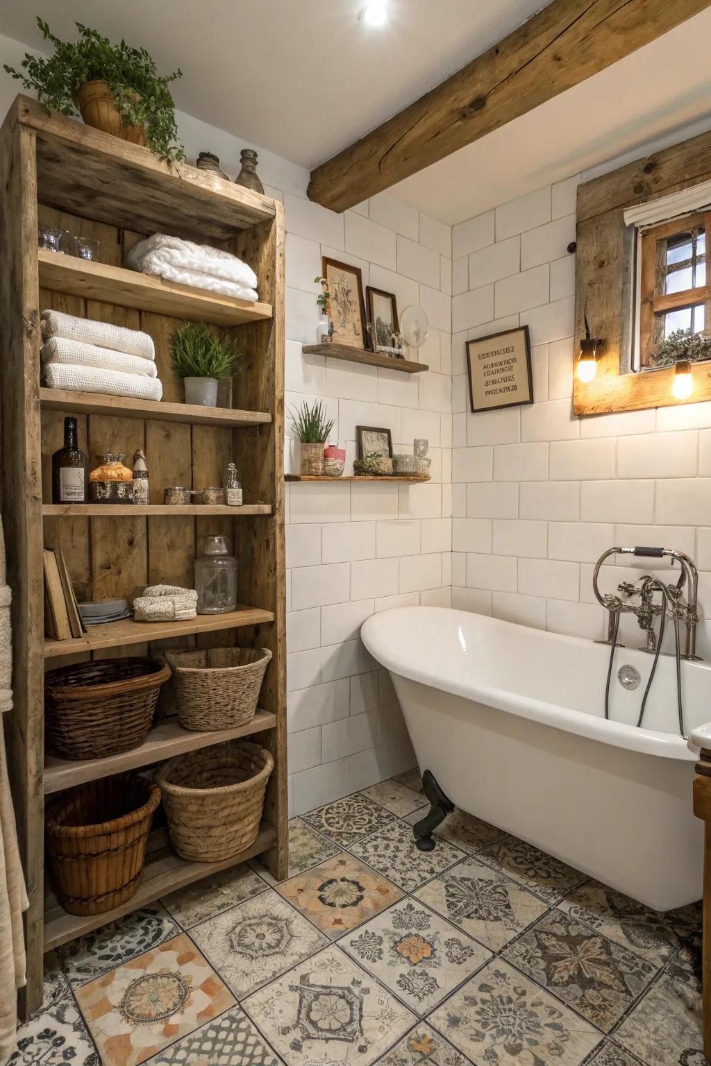 Distinctive bathroom featuring repurposed materials.