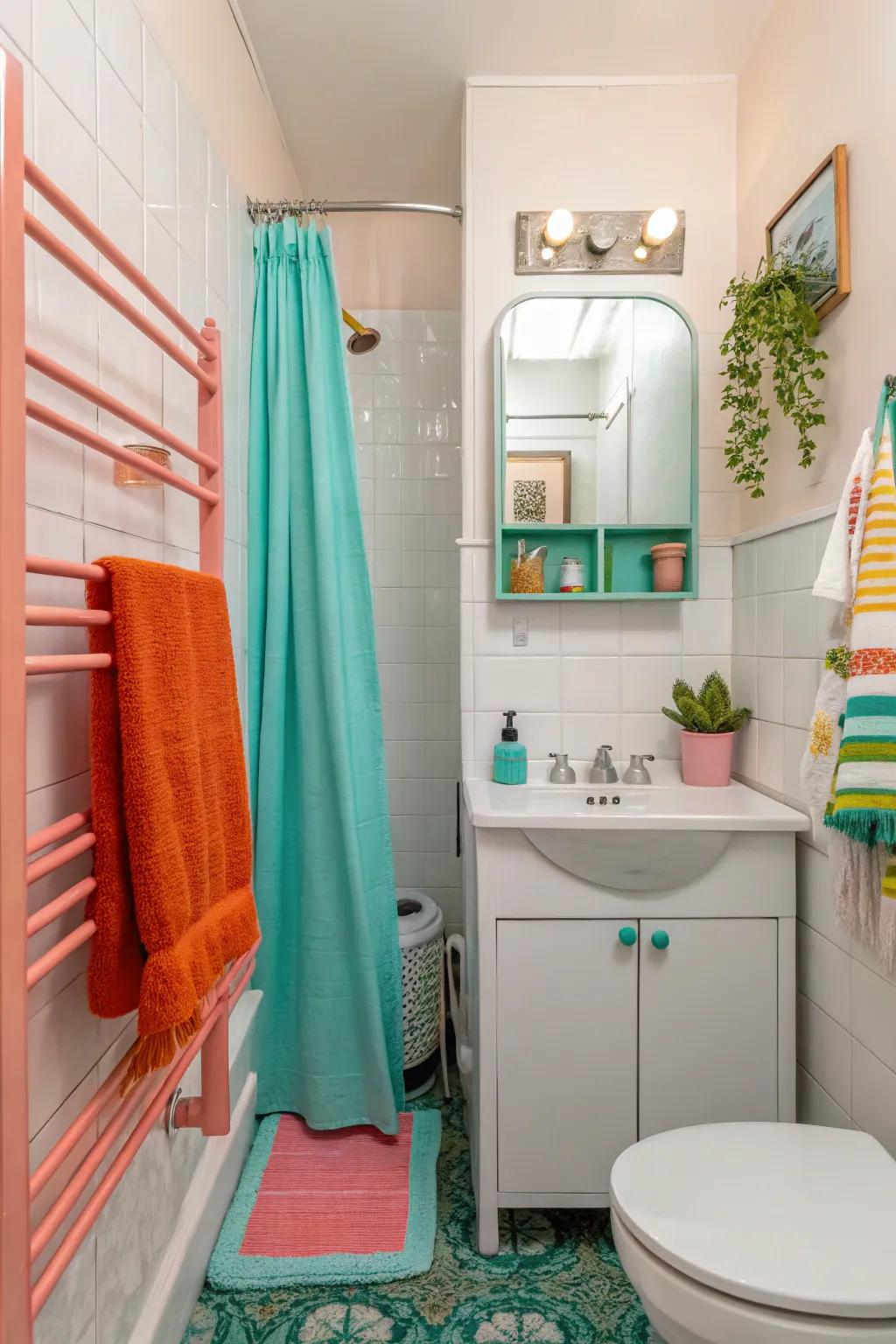 Vibrant accents add drama to a small bathroom.