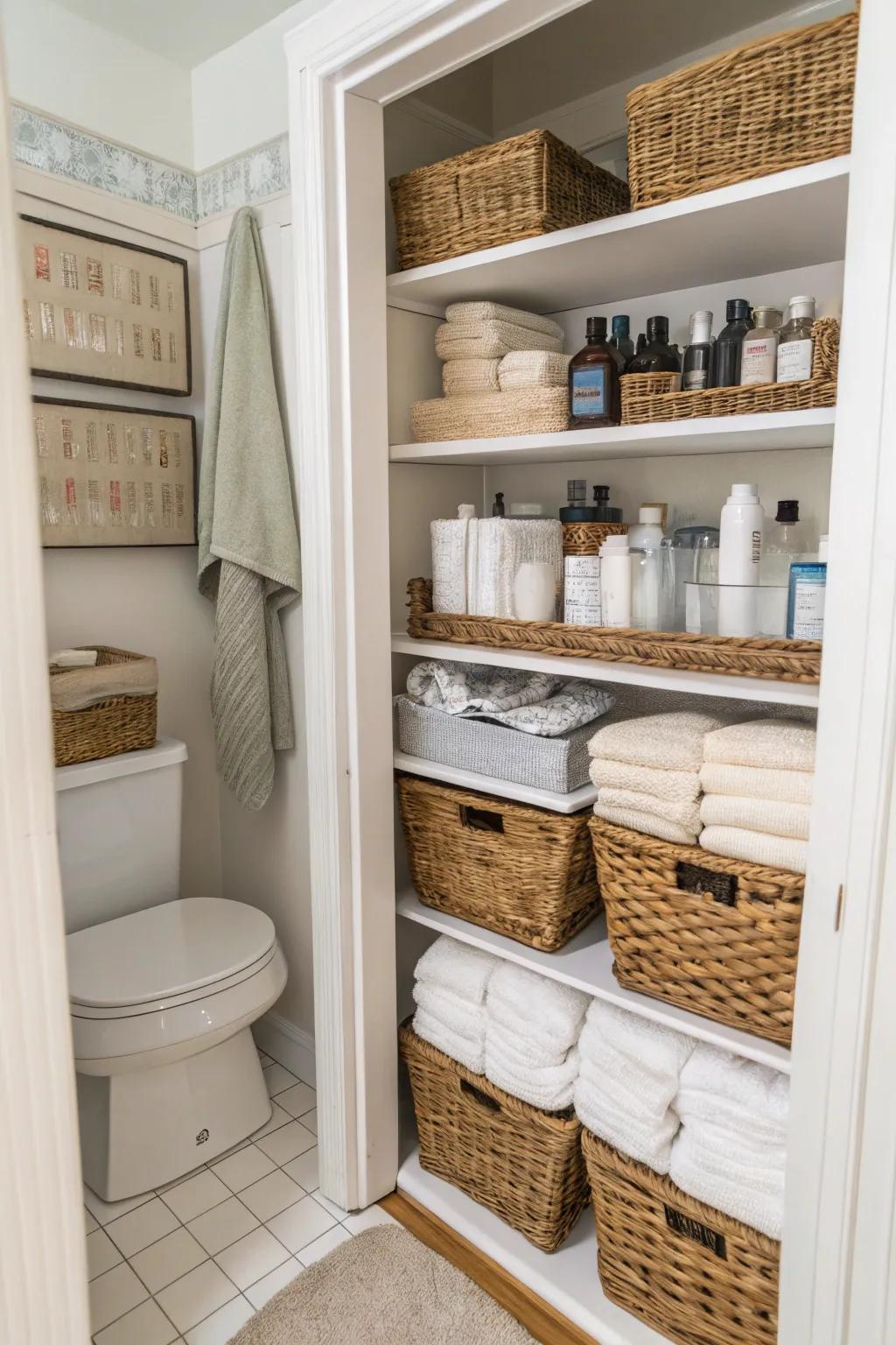 Compact bathroom featuring smart shelving and storage containers.