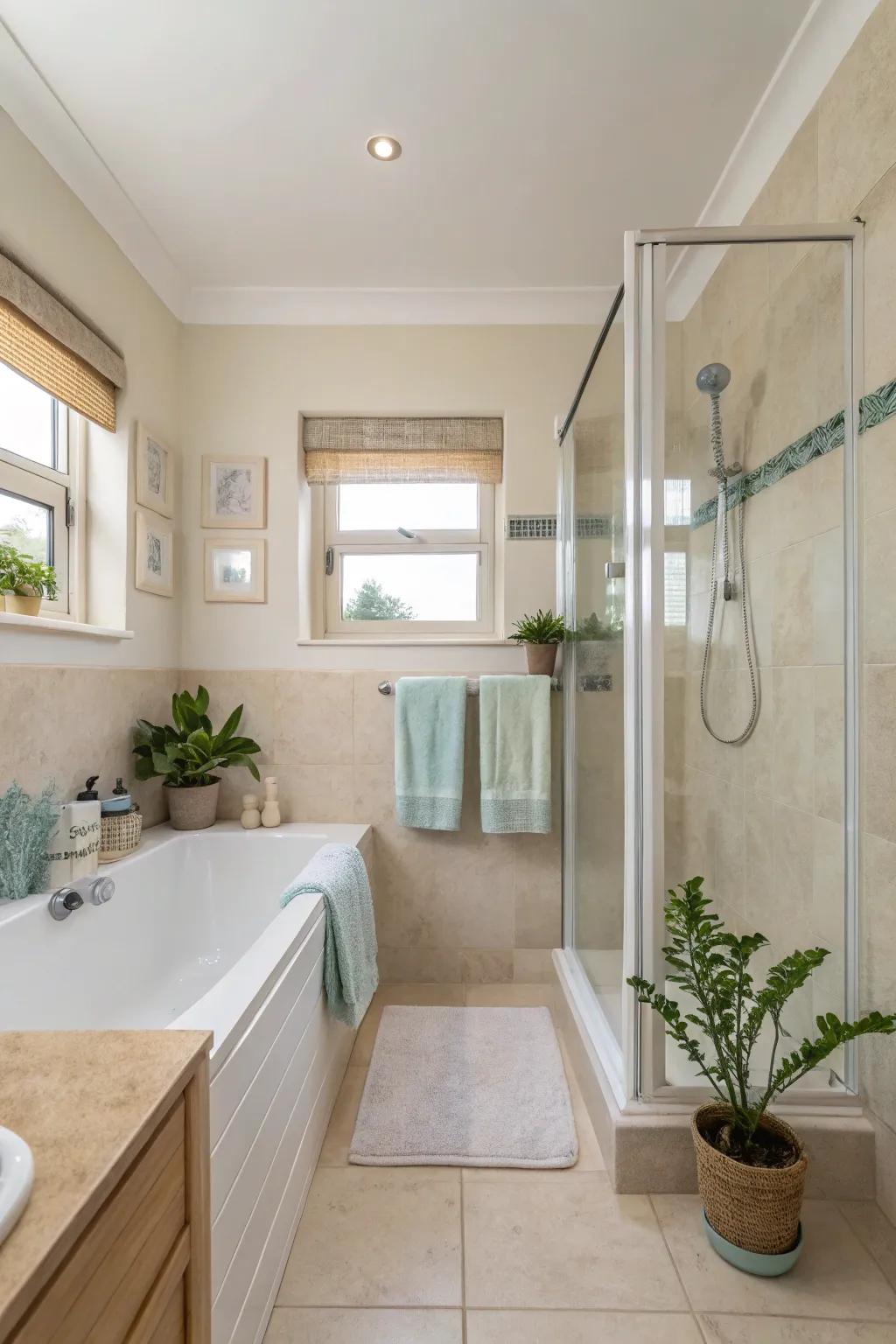 Compact bathroom with bright whites and soft pastels for an airy feel.