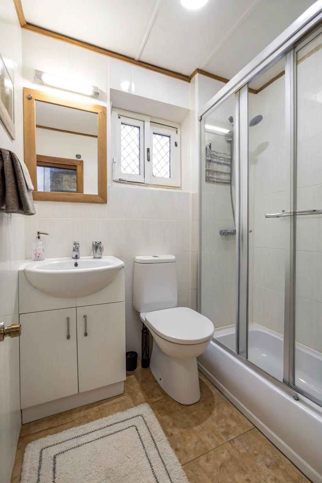 Minimalist design keeps this small bathroom uncluttered and serene.