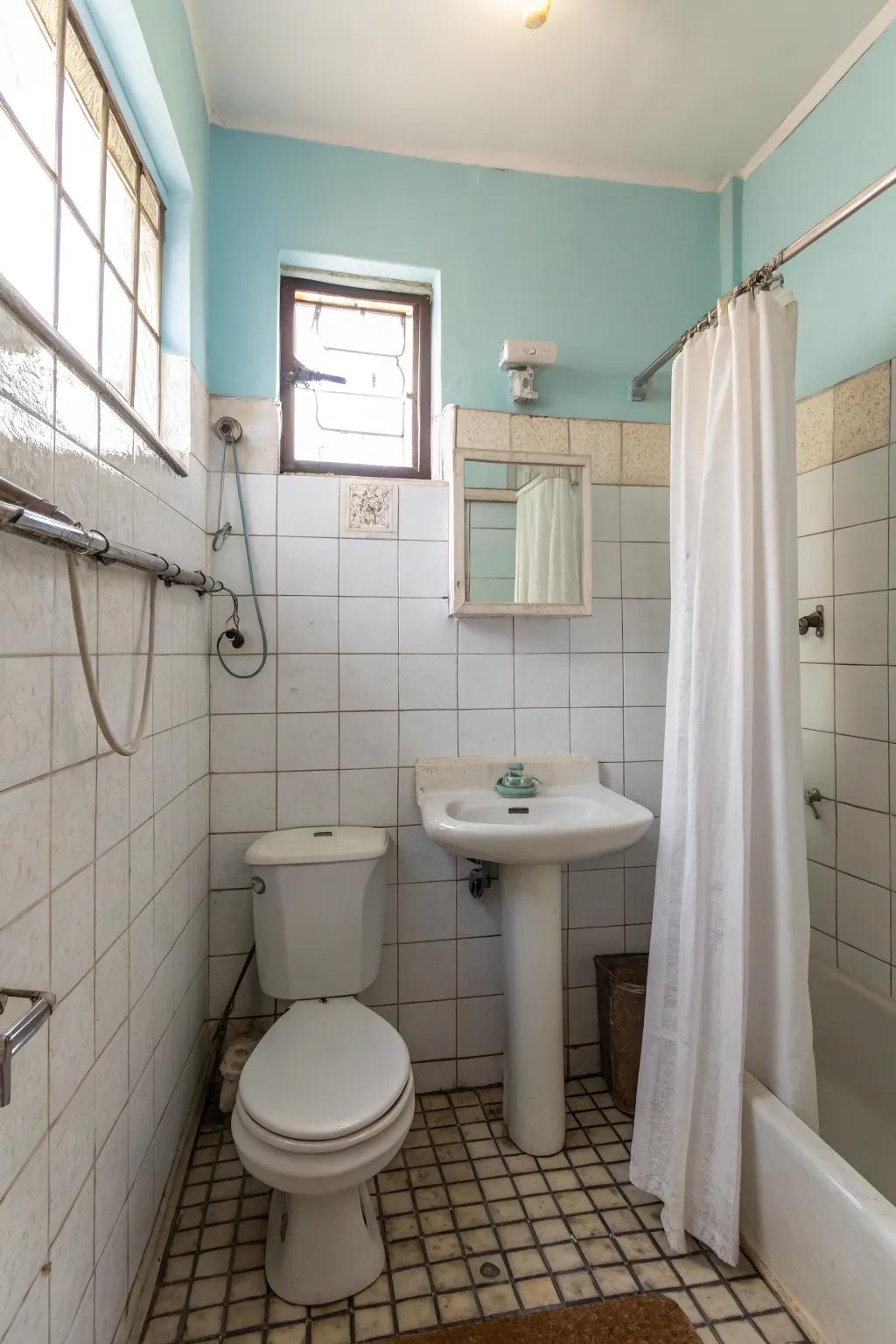 Affordable materials bring style and function to a small bathroom.