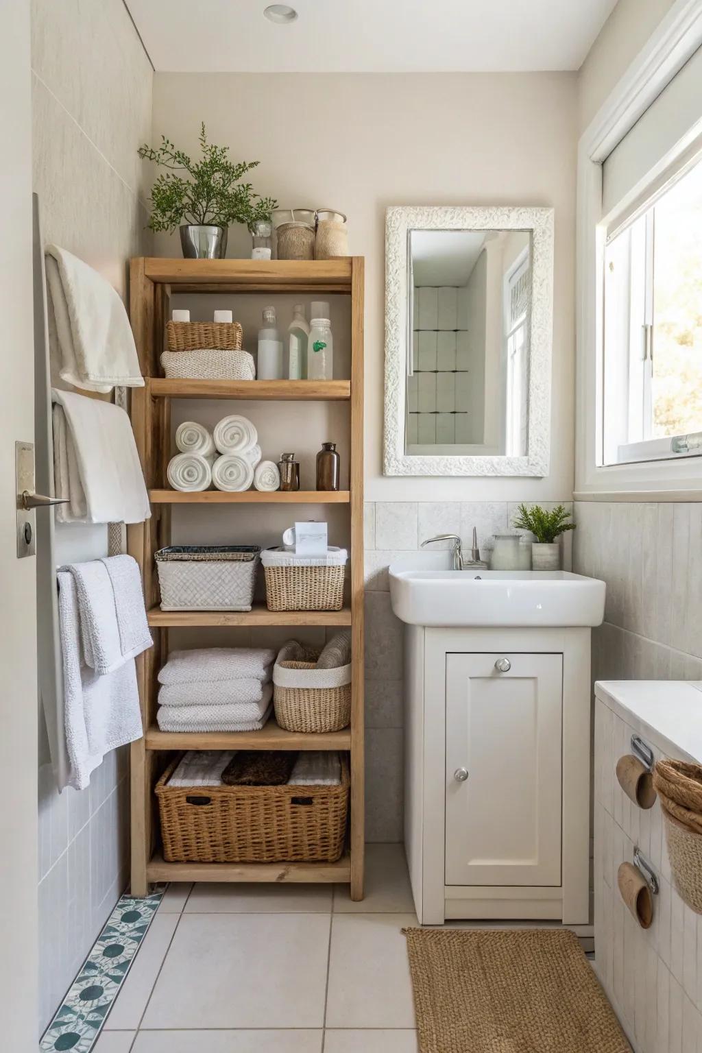 Open shelving offers easy access and a spacious feel in a small bathroom.