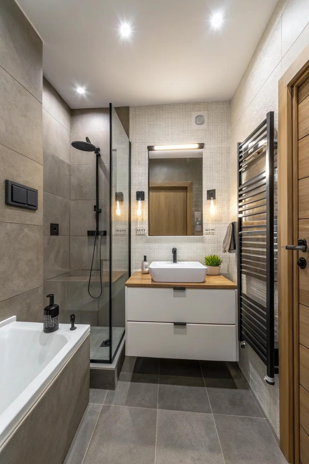 Wall-mounted fixtures create a sleek, spacious look in a small bathroom.