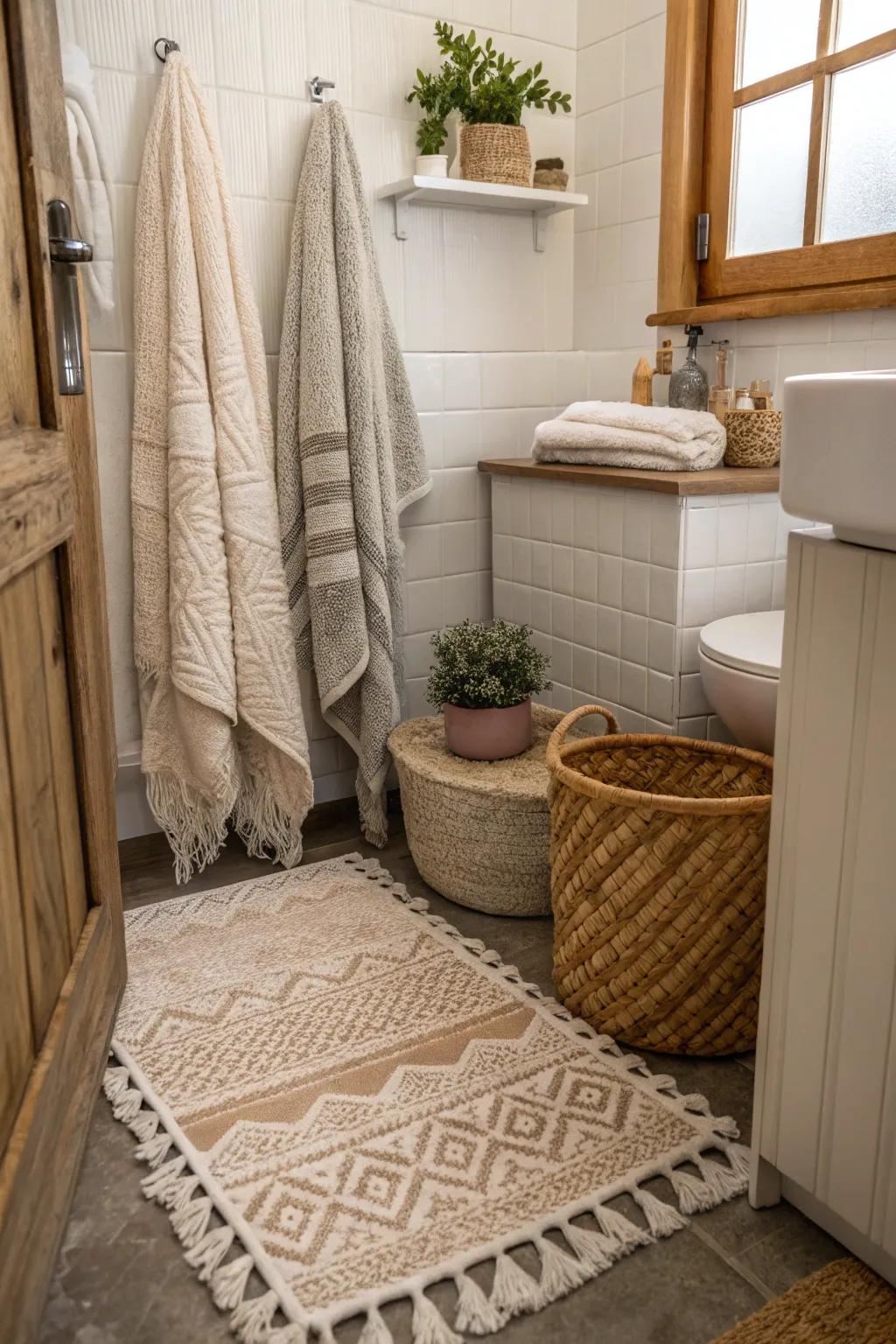 Textured elements add warmth and style to a small bathroom.