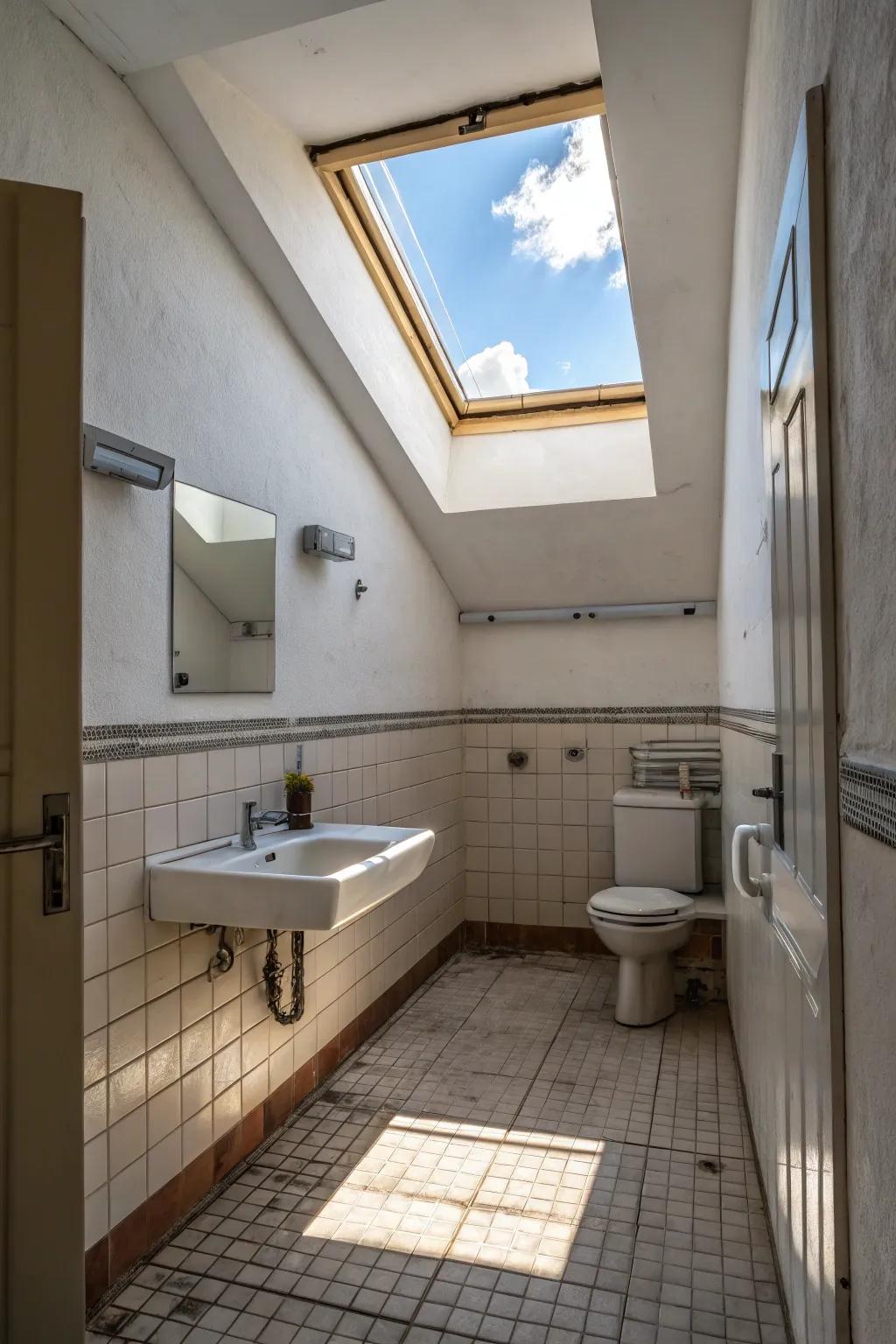 Natural light floods a small bathroom through a skylight.