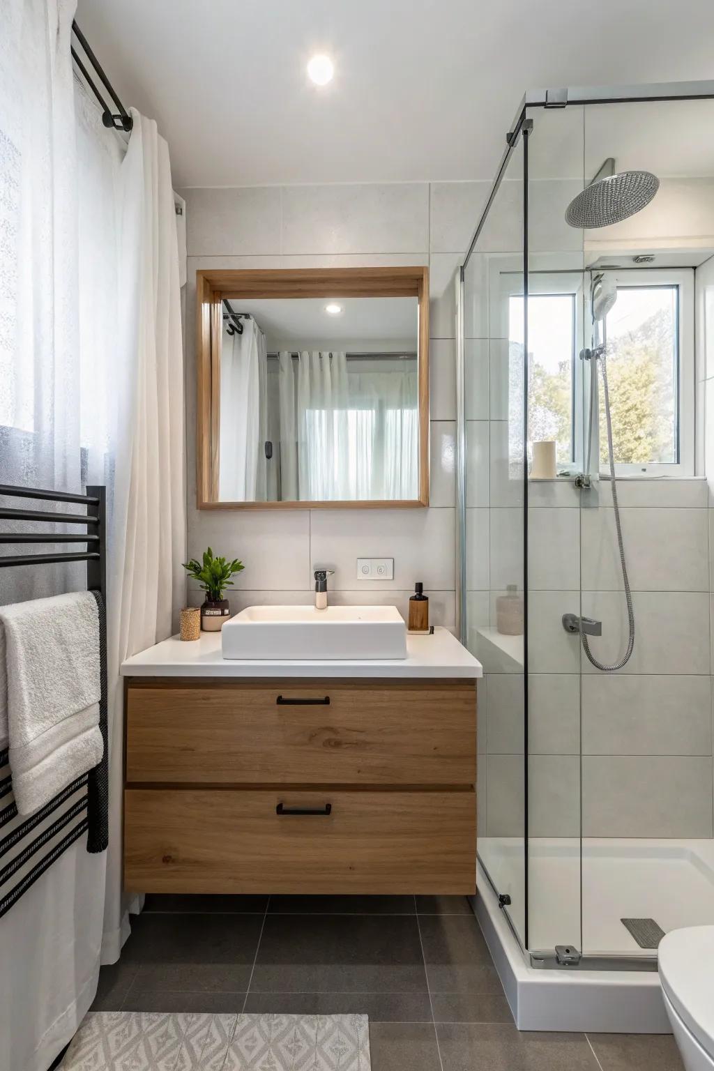 Wall-mounted washstand adds sleek style to a small bathroom.