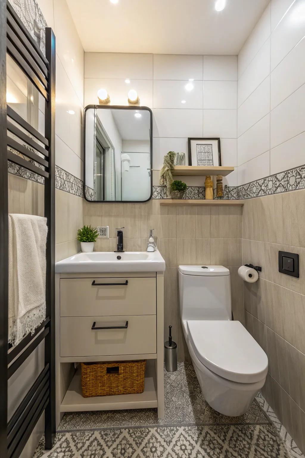 Space-saving washstand and toilet optimize a small bathroom layout.