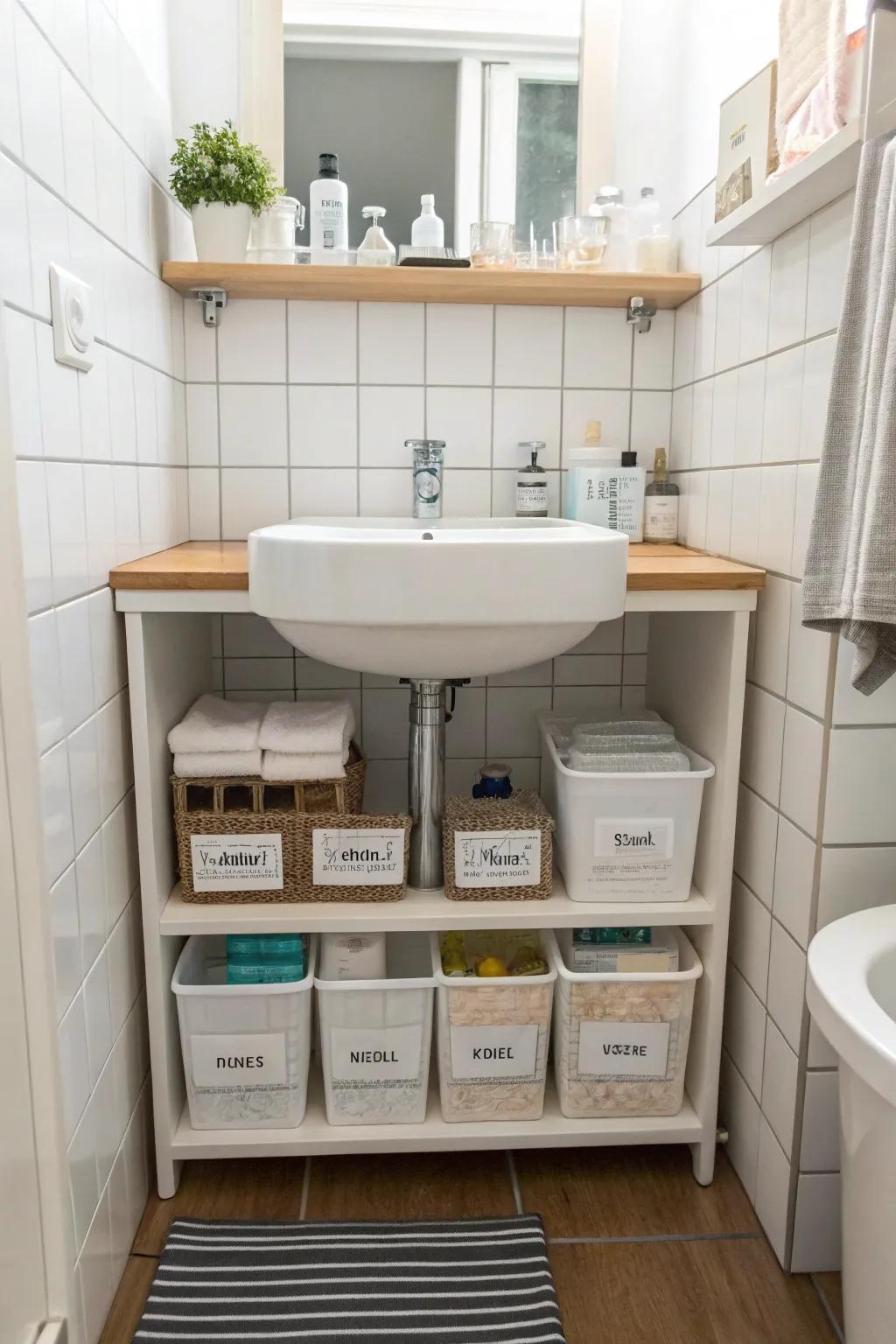Under-sink storage solutions maintain order in a small bathroom.