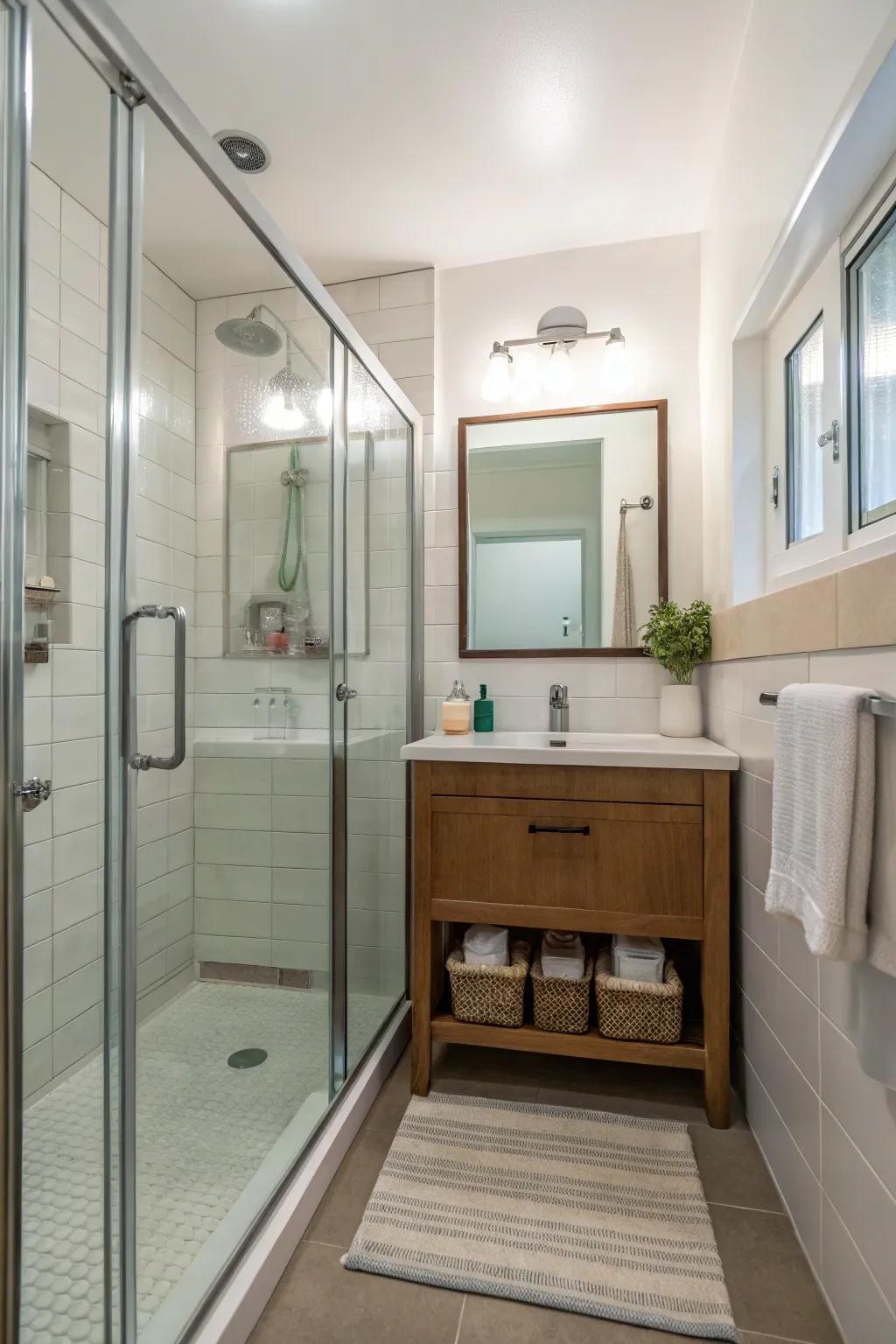 Step-free shower with glass panels enhances openness in a small bathroom.