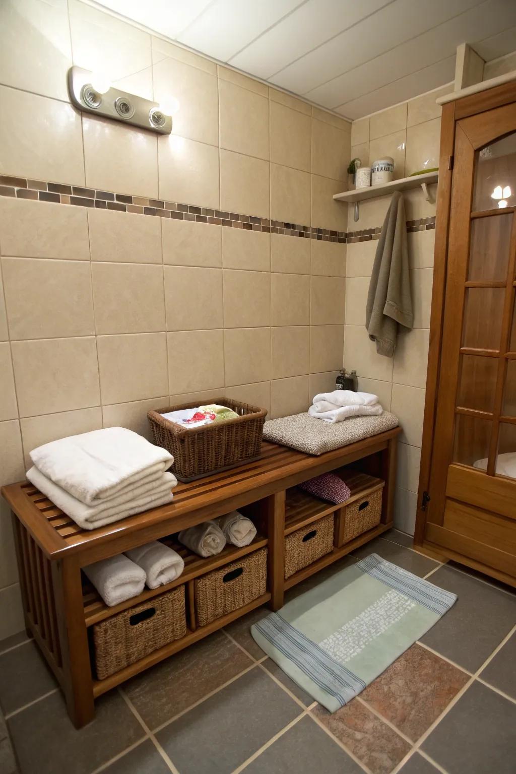 Multi-purpose furniture optimizes space in a small bathroom.