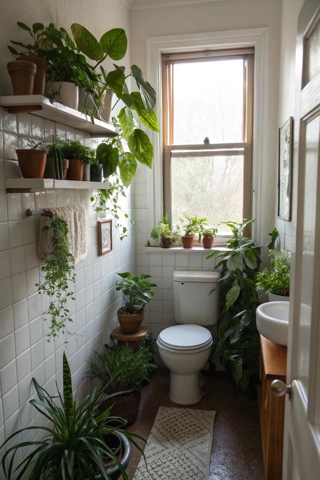 Indoor plants add freshness and natural beauty to a small bathroom.