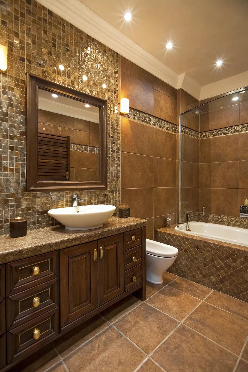 Bronze mosaics add luxury and depth to vintage brown tiles.