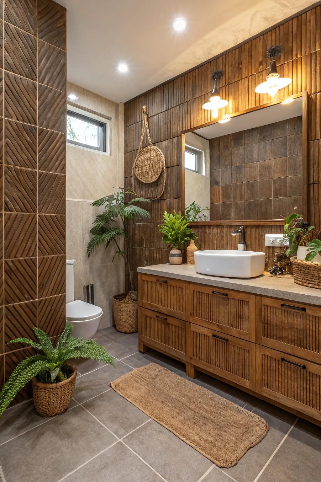 Fluted wood-look tiles bring nature-inspired texture to the space.