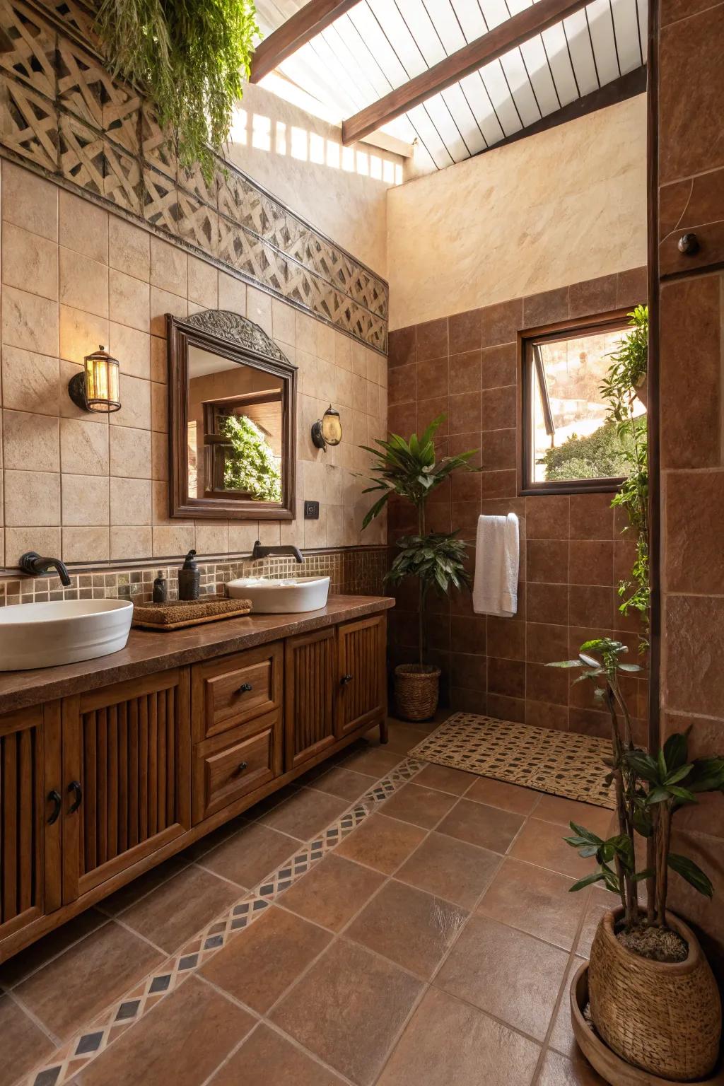 Earth tones create a grounded and cohesive look with brown tiles.