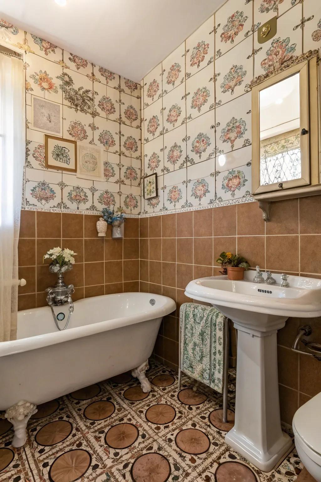 Floral motifs add a charming, feminine touch to vintage tiles.