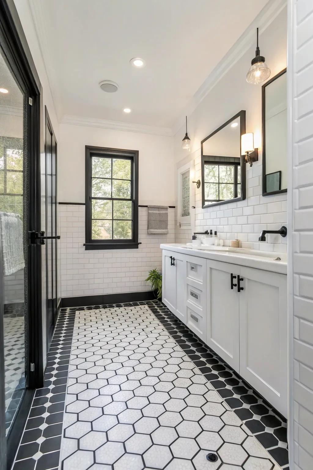 Geometric tiles offer a bold foundation for a black and white bathroom.