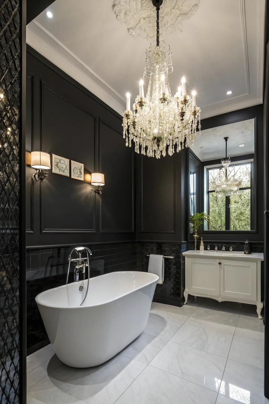 A chandelier elevates the bathroom’s elegance.
