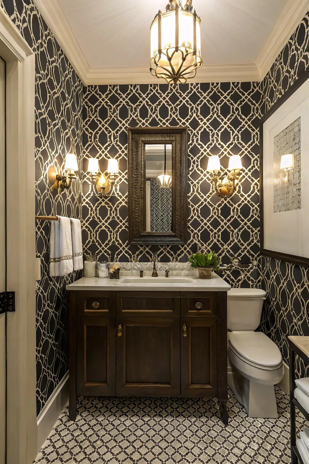 Patterned walls add a chic and whimsical touch.