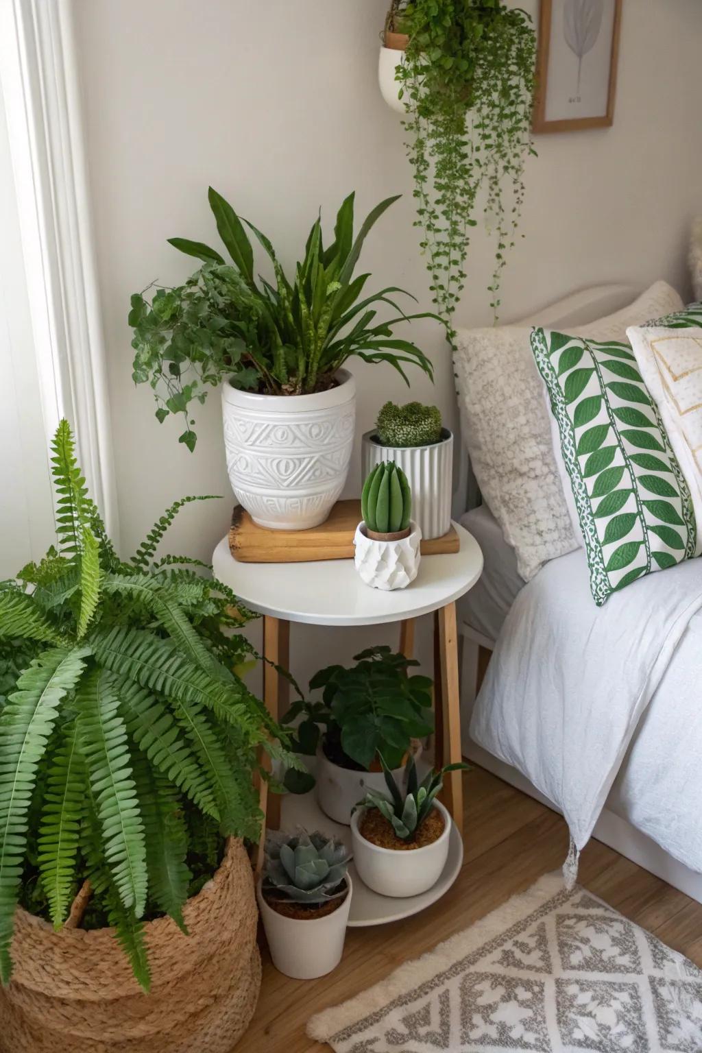 Indoor plants add freshness and texture to the room.