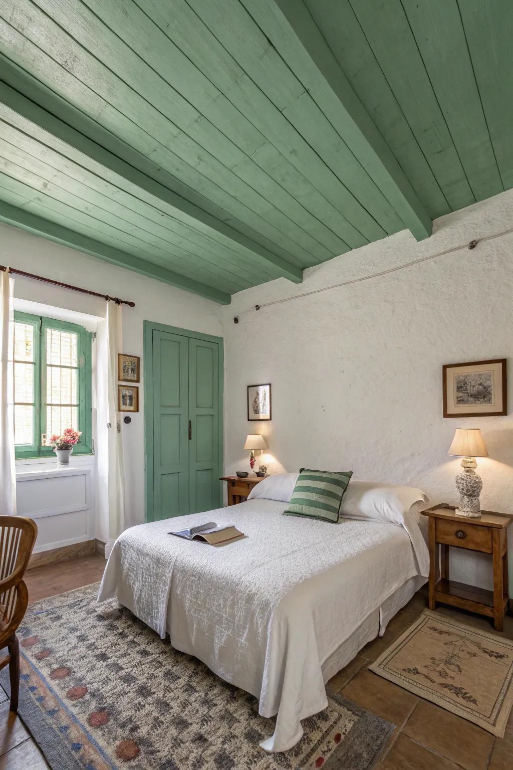 A green-painted ceiling adds a unique design element.