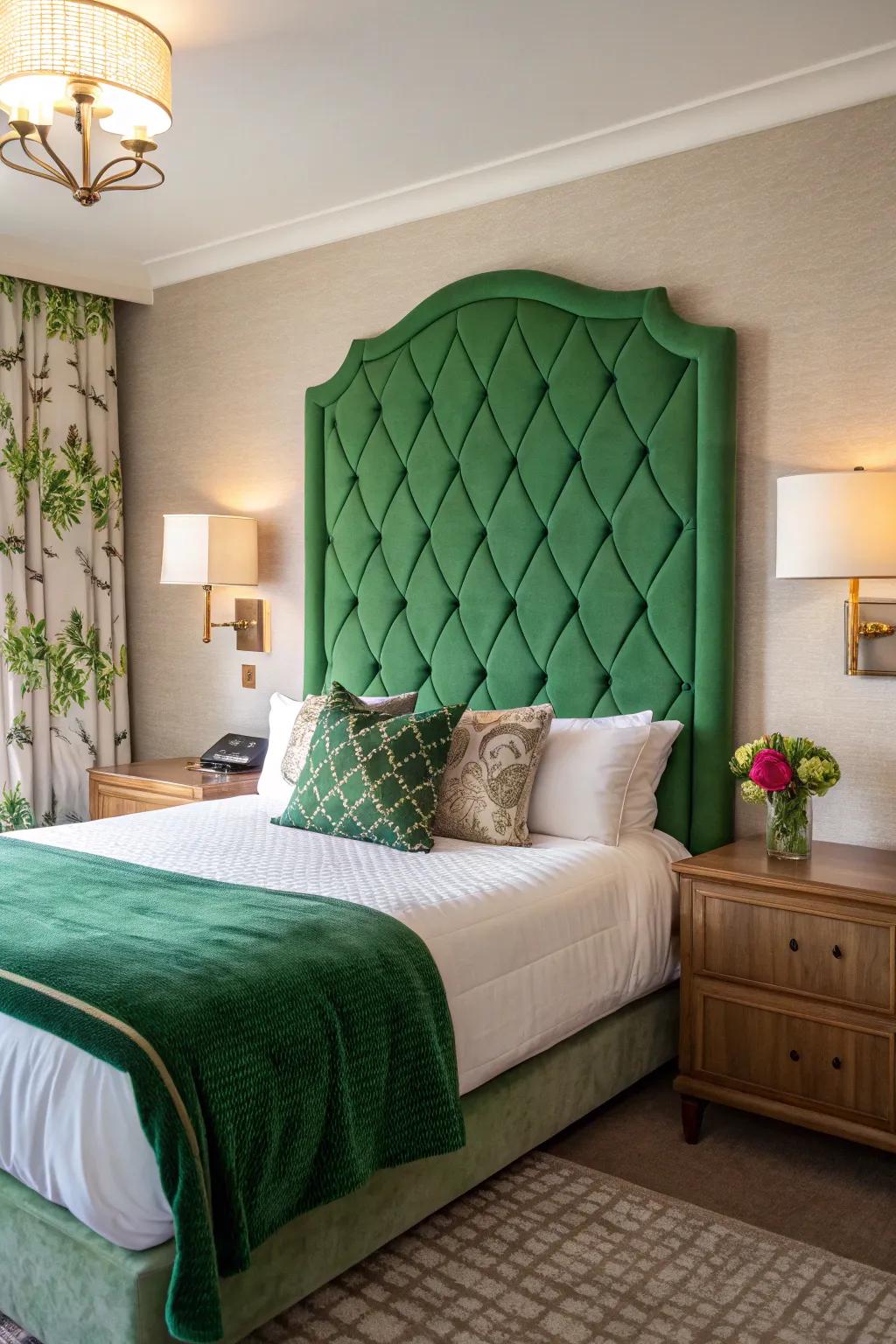 A bold green headboard serves as a focal point.