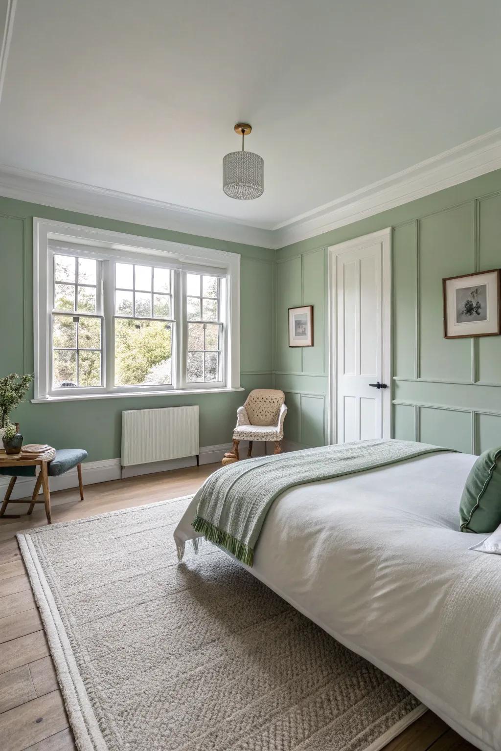 Sage green walls with white trim create a calming atmosphere.