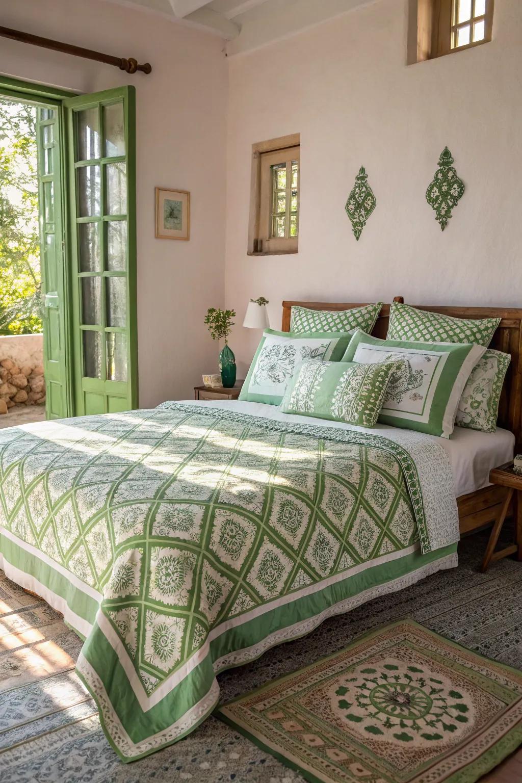 Patterns add depth and elegance to the bedroom.