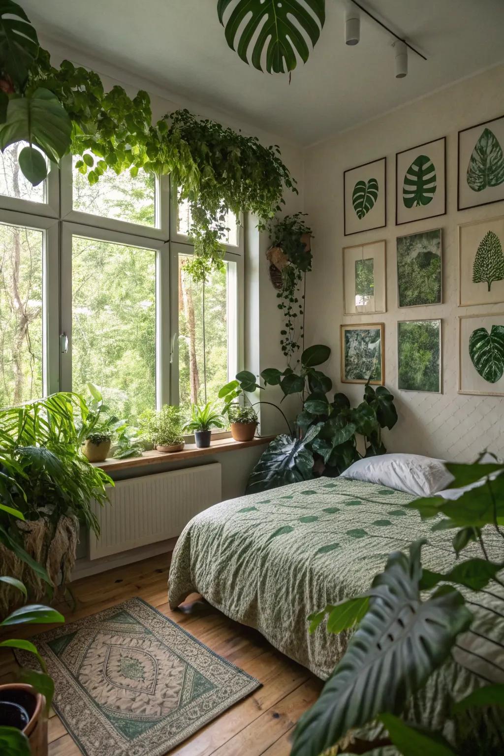 Botanical prints and plants create a refreshing retreat.