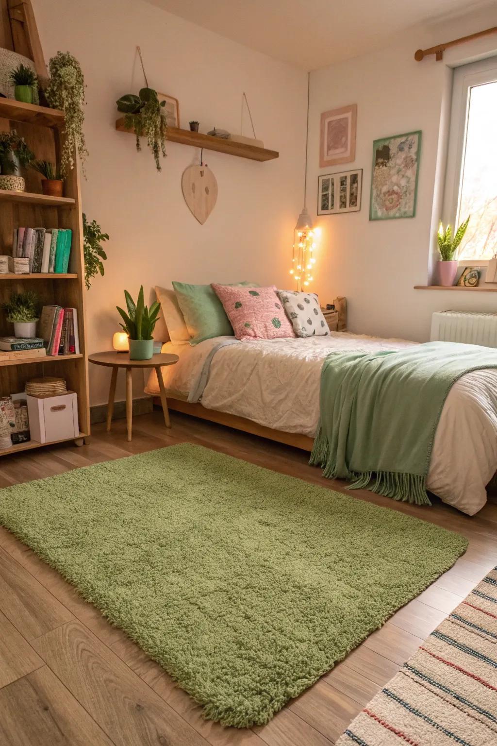 A green rug adds warmth and cohesion to the bedroom.