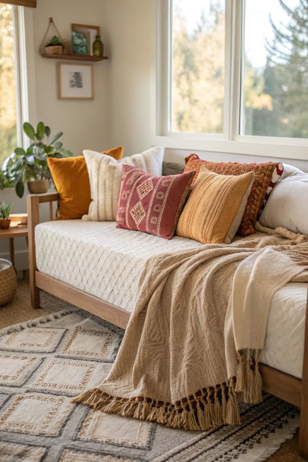 Daybed adorned with multiple textures for a cozy and inviting feel.