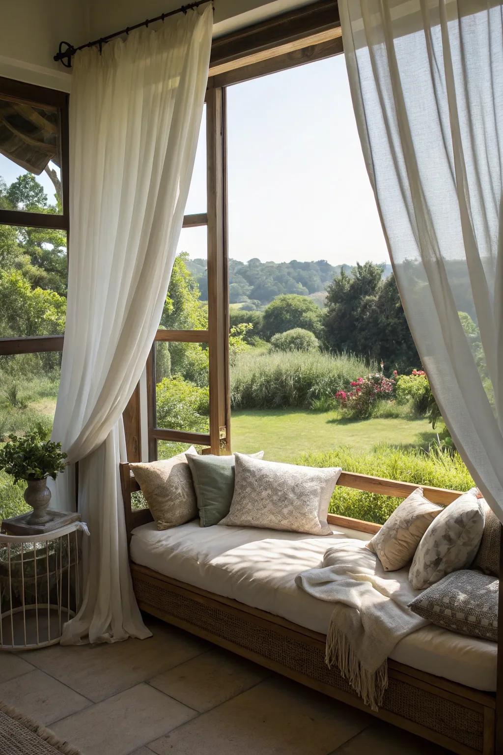 Daybed placed beside a window, bathing in natural light and scenic views.