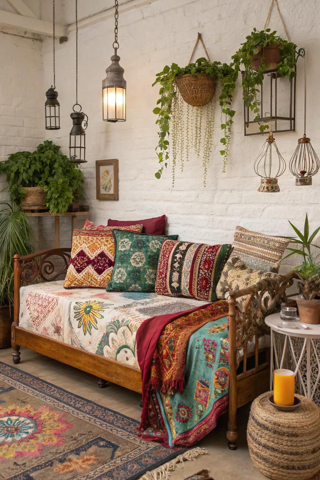 Bohemian-inspired daybed featuring vibrant patterns and eclectic textures.