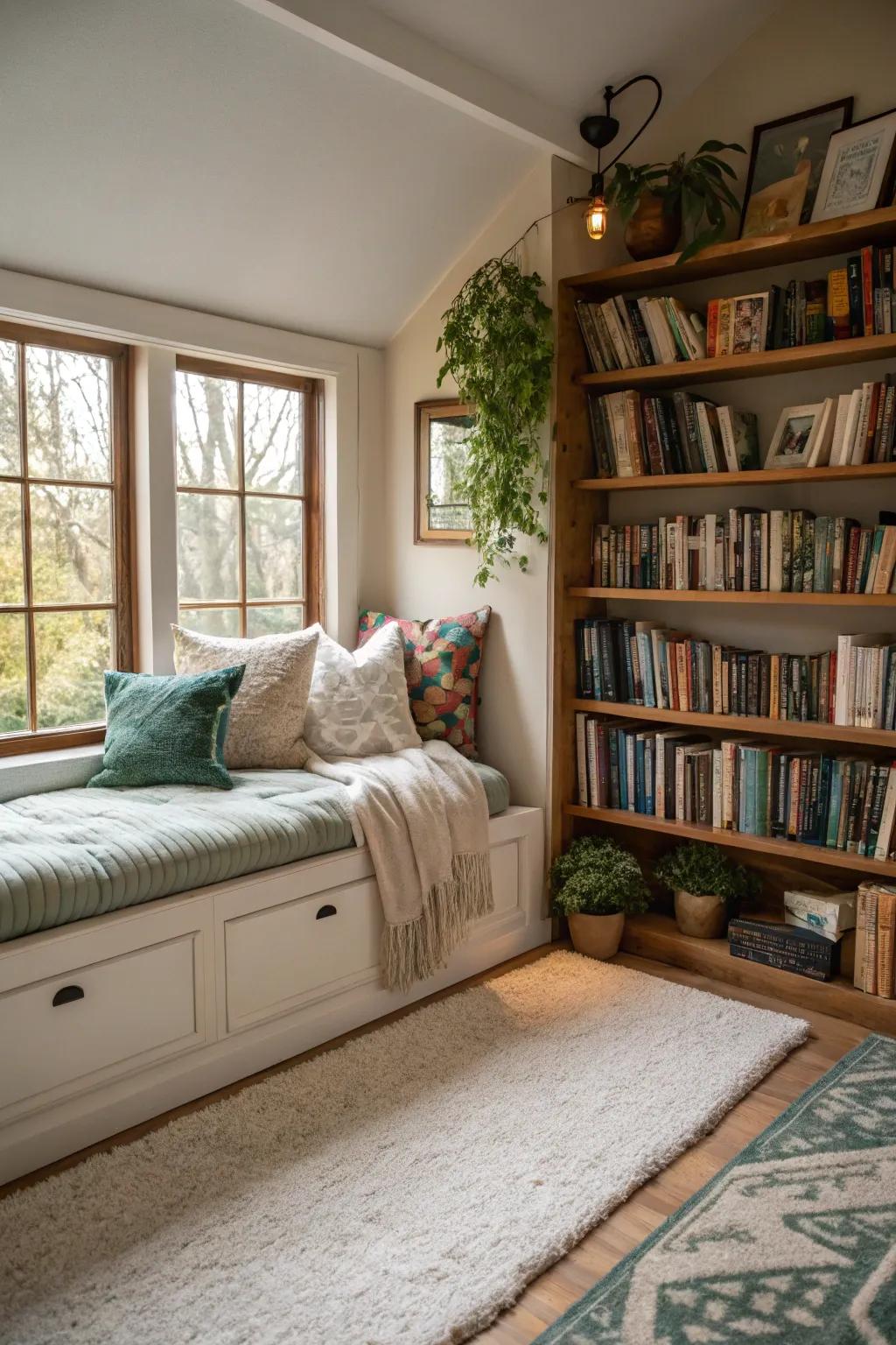A tranquil reading corner featuring a daybed surrounded by bookshelves.