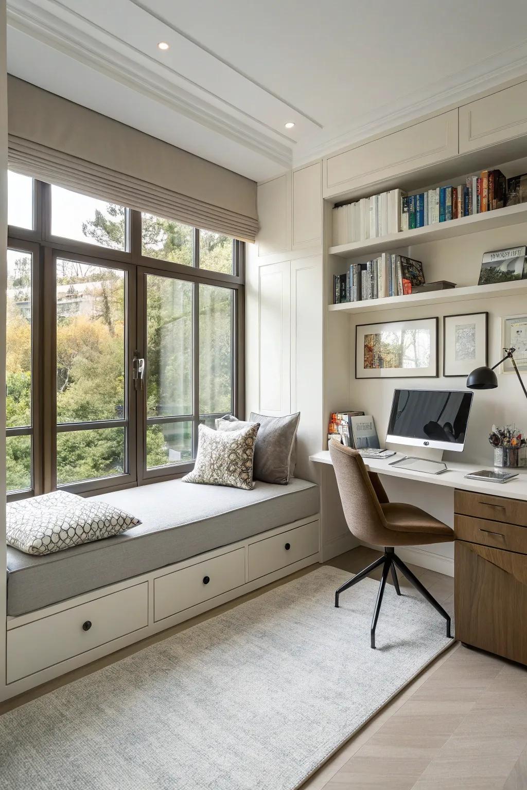 A stylish home office featuring a daybed for work breaks and guest accommodation.