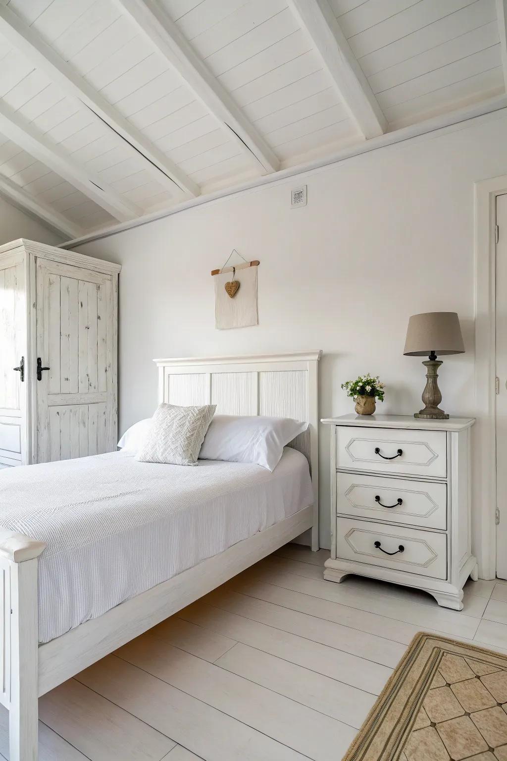 Streamlined furniture maintains a clean look in a white bedroom.