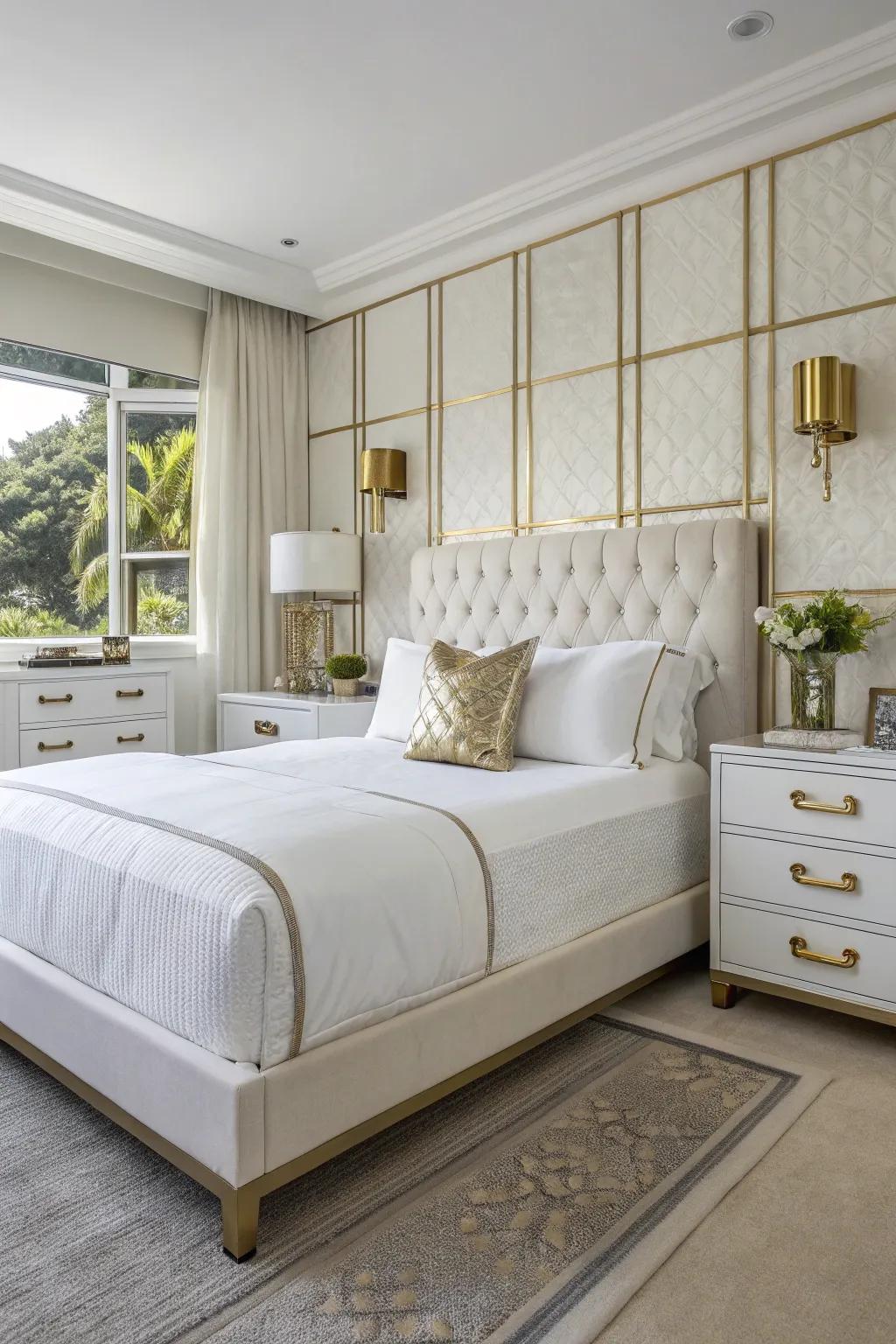 Metallic accents add a touch of luxury to a white bedroom.
