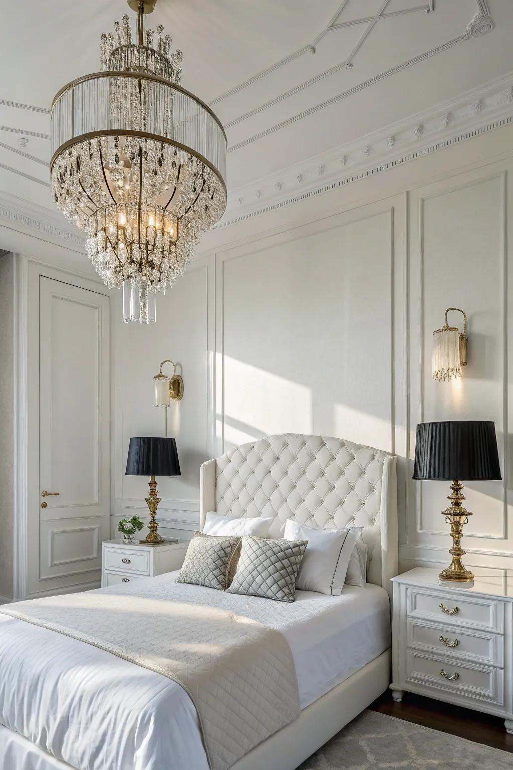 Sophisticated lighting enhances the ambiance of a white bedroom.