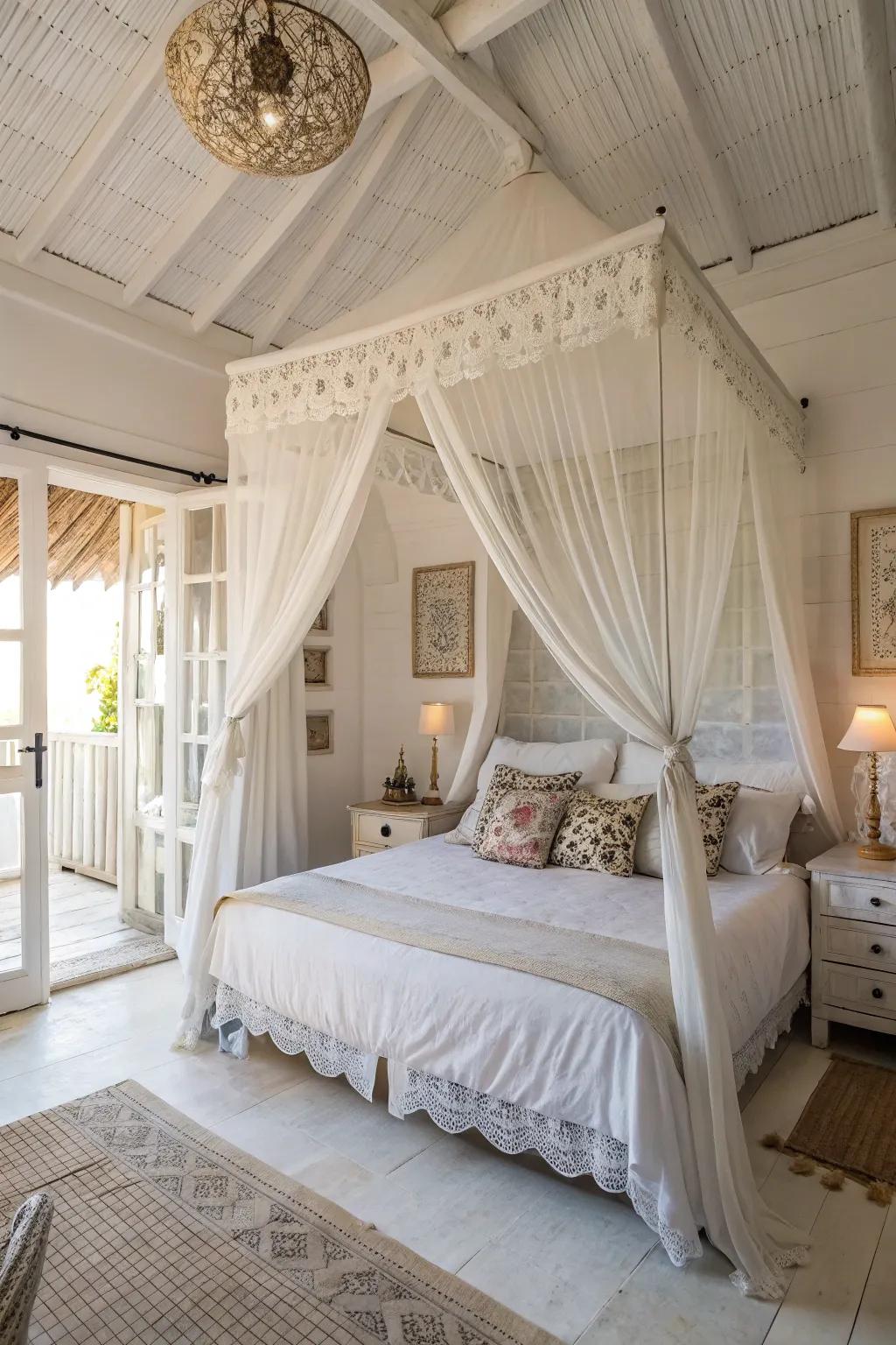 A canopy adds romance and coziness to a white bedroom.