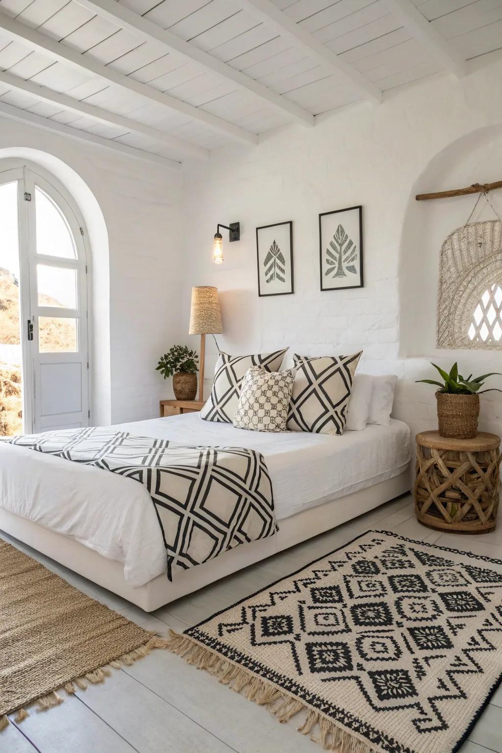 Geometric designs add a modern touch to a white bedroom.