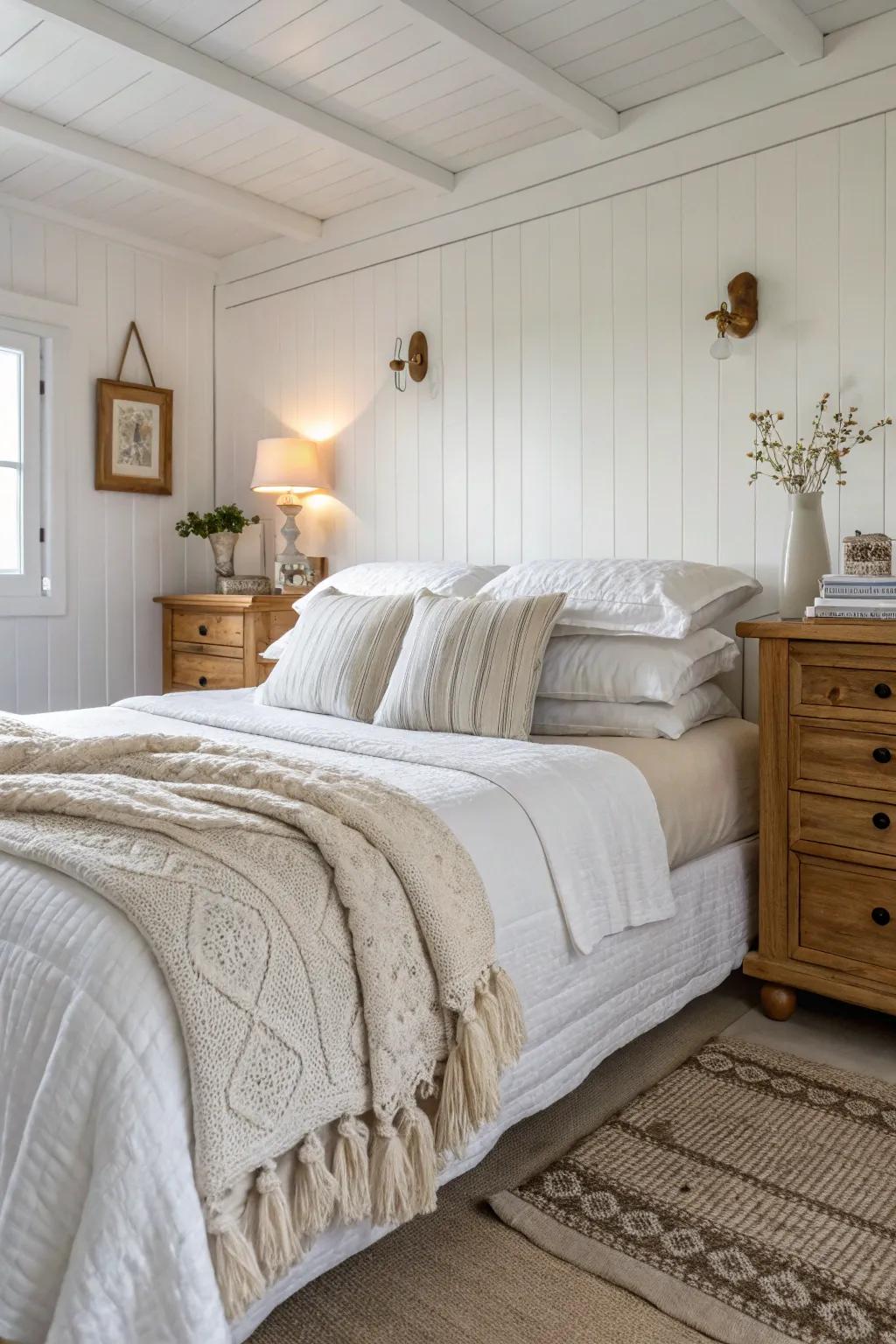 Layered bedding adds comfort and luxury to a white bedroom.