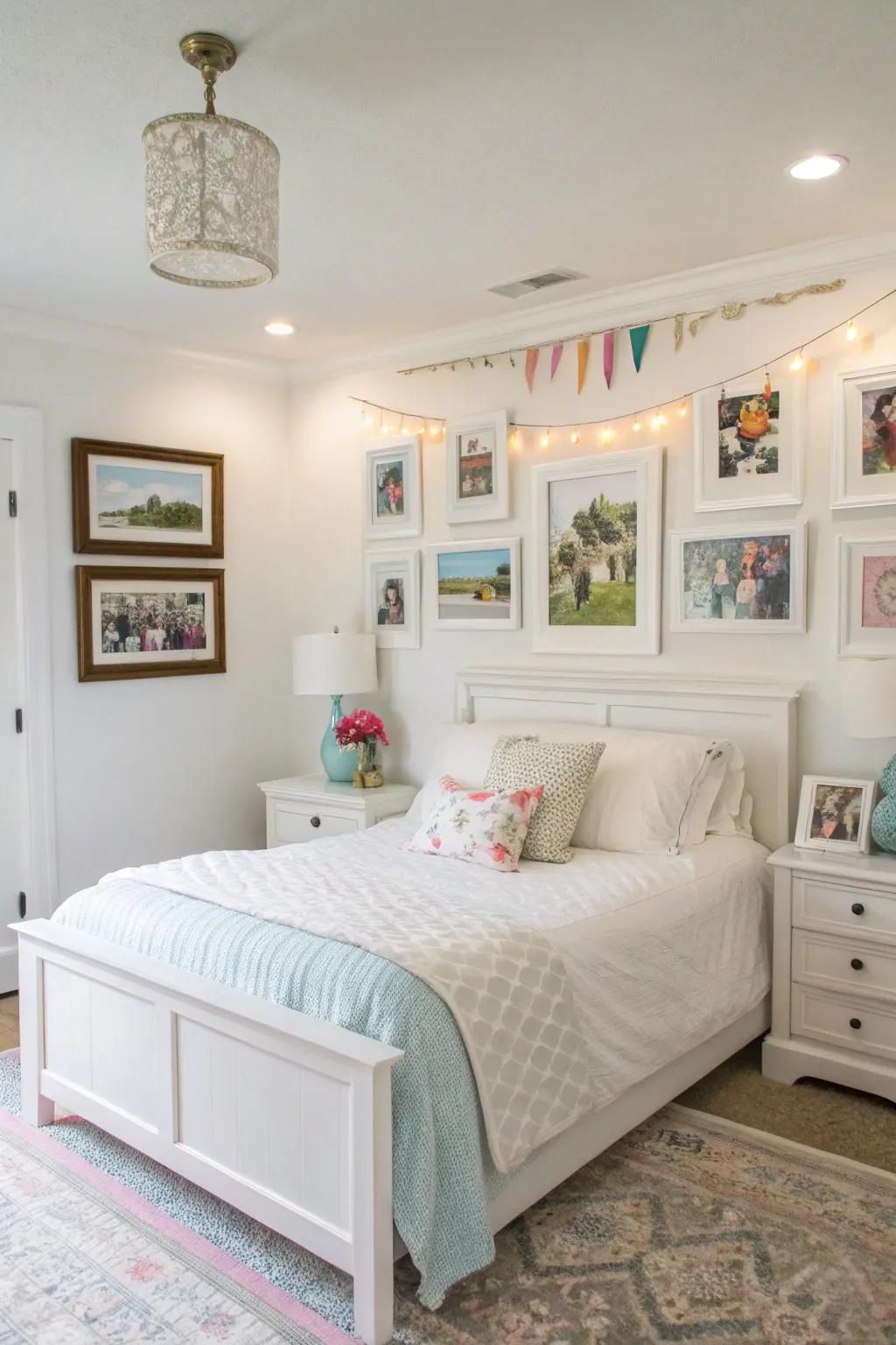 Personalized art adds warmth and character to a white bedroom.
