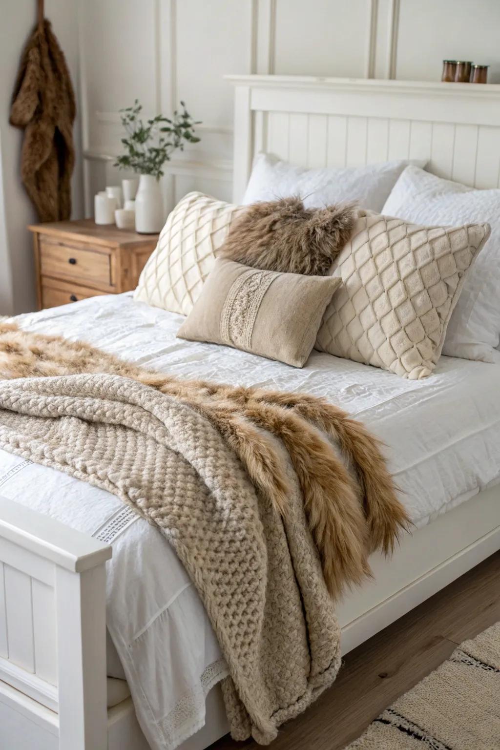 Textured accessories add depth and warmth to a white bedroom.
