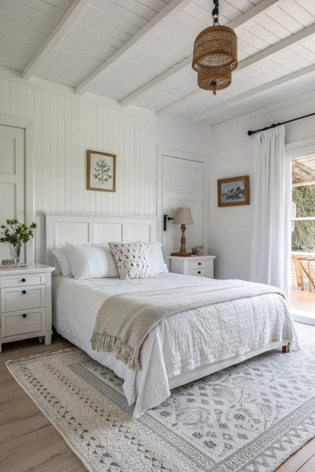Monochrome whites maximize light and space in a bedroom.