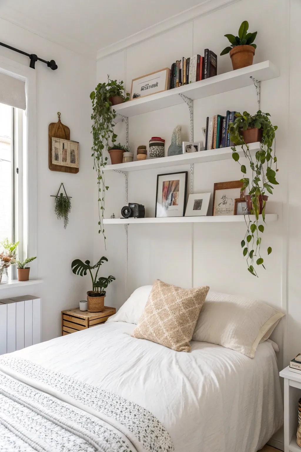 Floating shelves add both style and storage to a white bedroom.